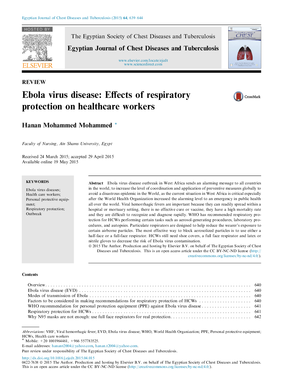 Ebola virus disease: Effects of respiratory protection on healthcare workers 