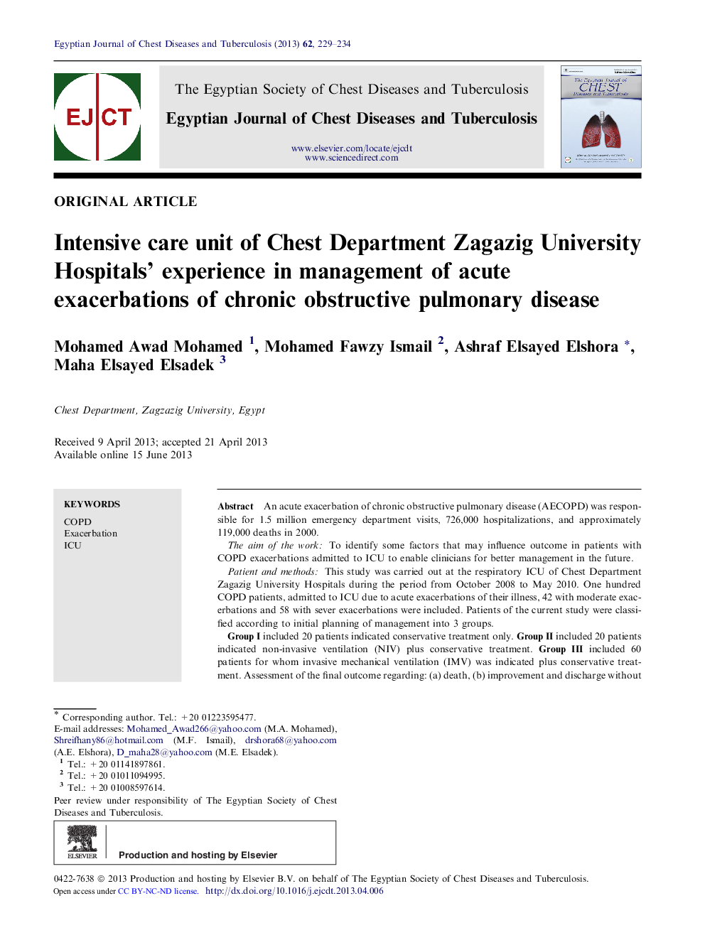 Intensive care unit of Chest Department Zagazig University Hospitals’ experience in management of acute exacerbations of chronic obstructive pulmonary disease 