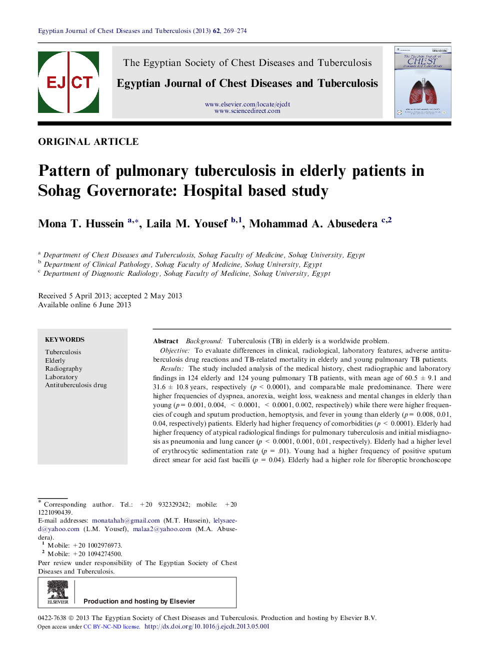 Pattern of pulmonary tuberculosis in elderly patients in Sohag Governorate: Hospital based study 