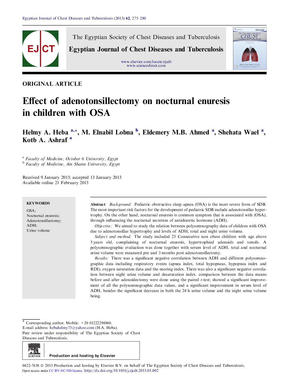 Effect of adenotonsillectomy on nocturnal enuresis in children with OSA 