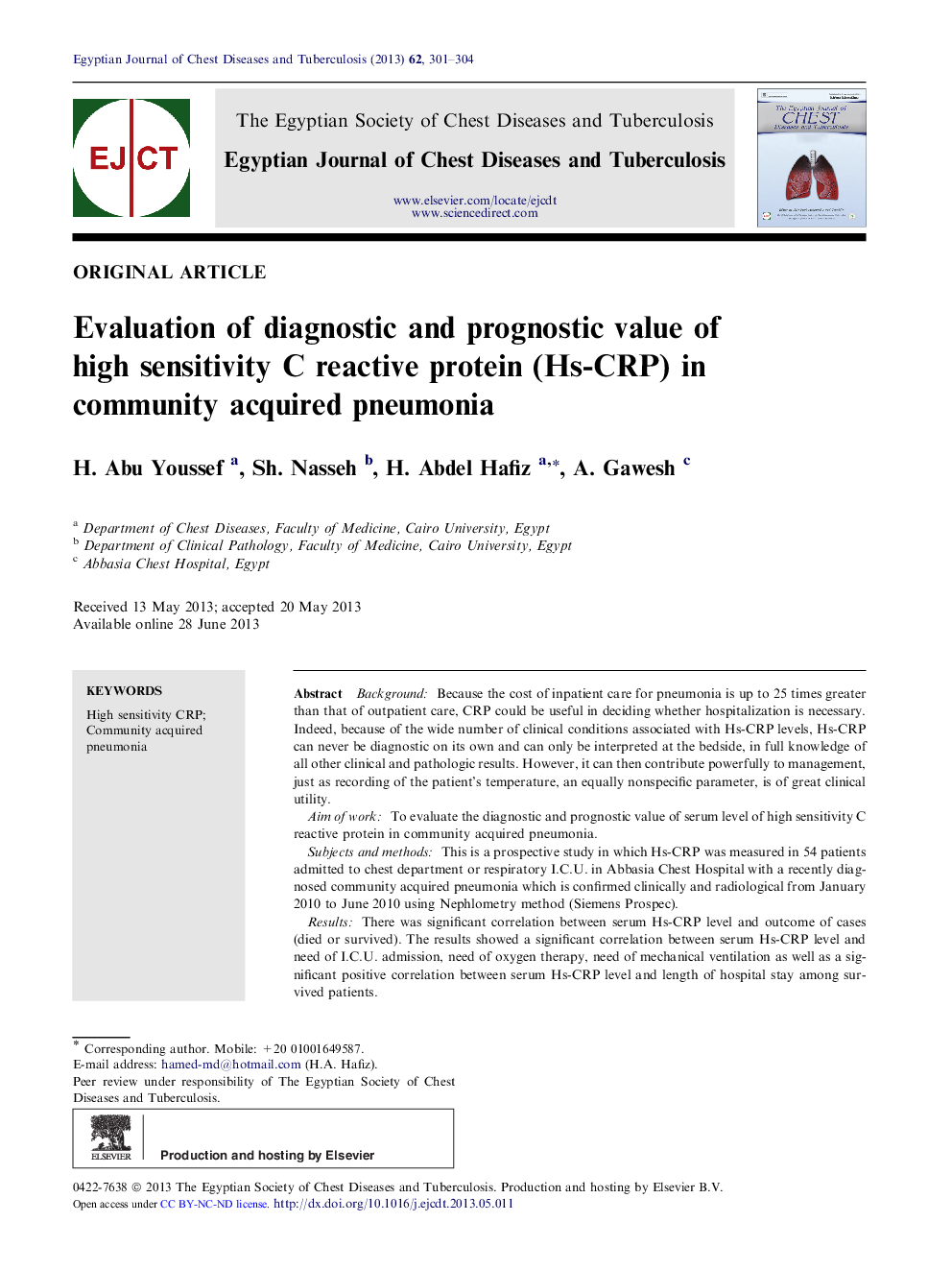 Evaluation of diagnostic and prognostic value of high sensitivity C reactive protein (Hs-CRP) in community acquired pneumonia 