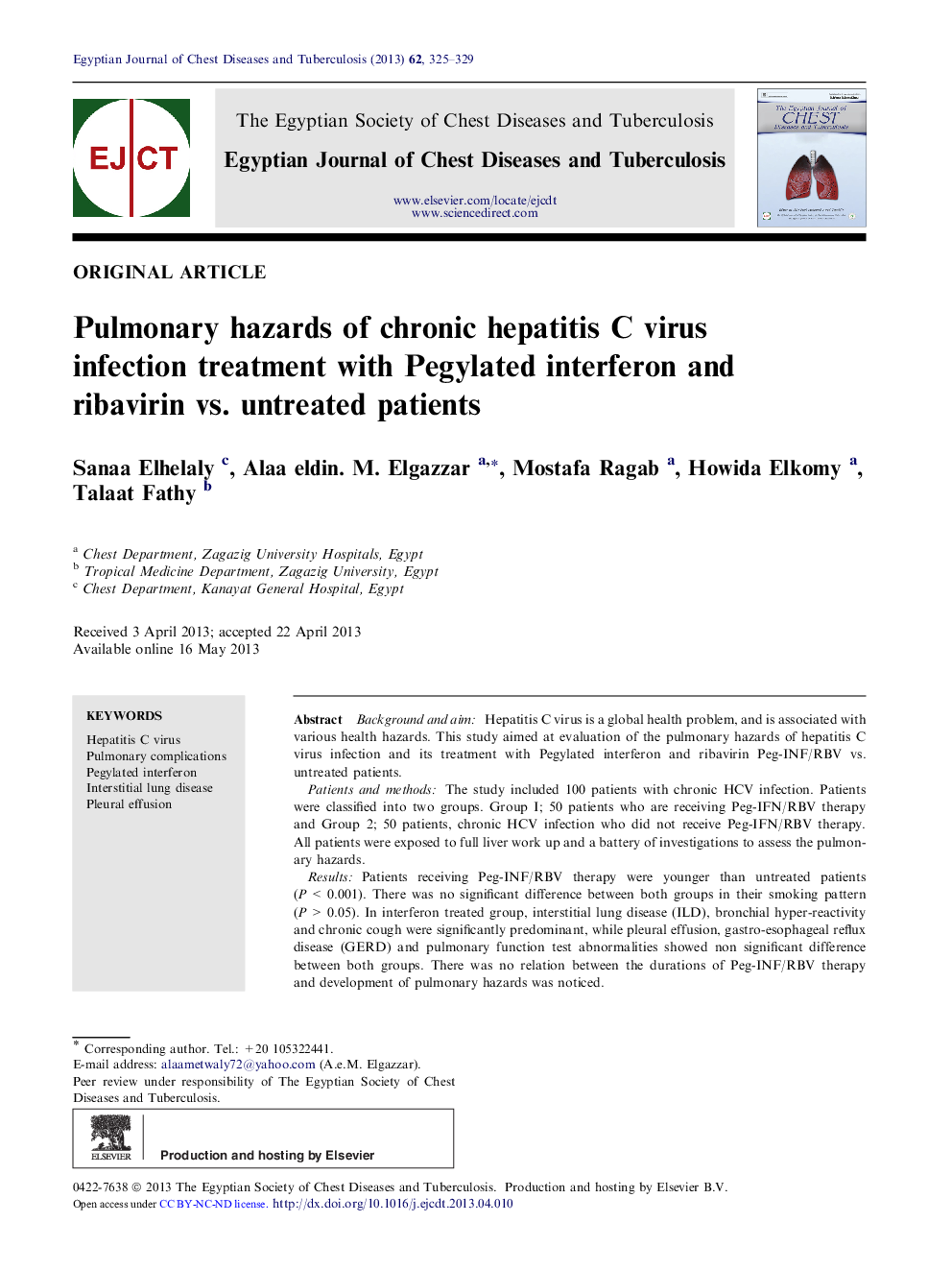 Pulmonary hazards of chronic hepatitis C virus infection treatment with Pegylated interferon and ribavirin vs. untreated patients 