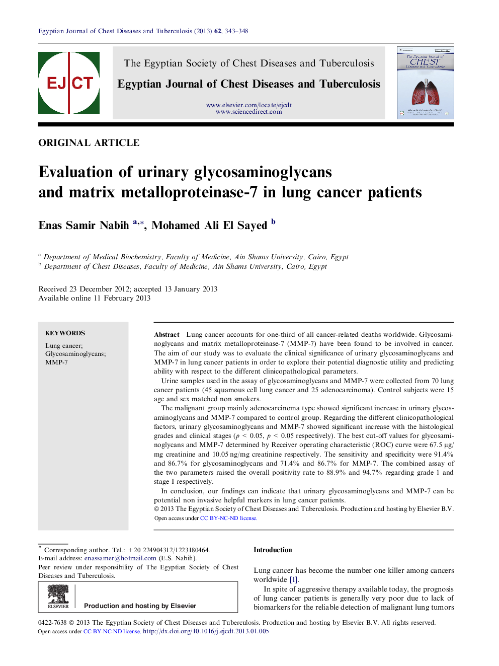 Evaluation of urinary glycosaminoglycans and matrix metalloproteinase-7 in lung cancer patients 