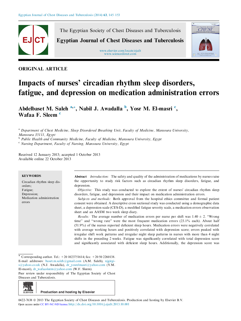 Impacts of nurses’ circadian rhythm sleep disorders, fatigue, and depression on medication administration errors 