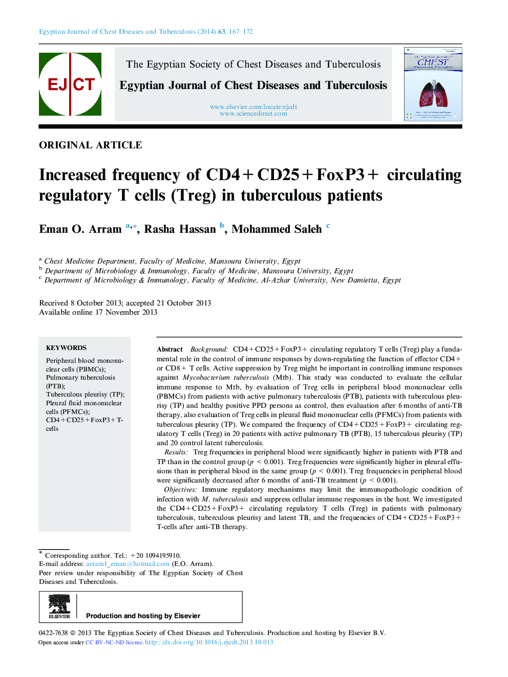 Increased frequency of CD4+CD25+FoxP3+ circulating regulatory T cells (Treg) in tuberculous patients 