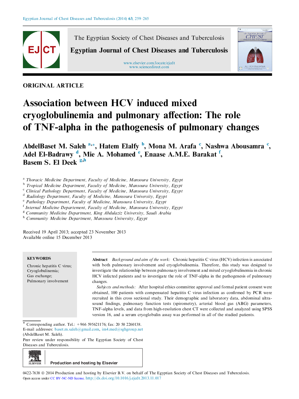 Association between HCV induced mixed cryoglobulinemia and pulmonary affection: The role of TNF-alpha in the pathogenesis of pulmonary changes 