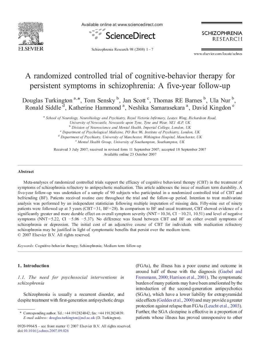 A randomized controlled trial of cognitive-behavior therapy for persistent symptoms in schizophrenia: A five-year follow-up