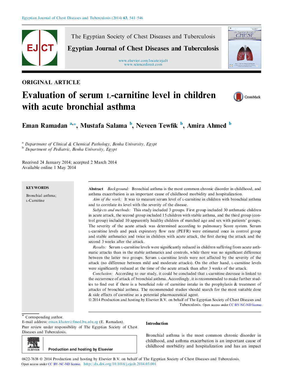 Evaluation of serum l-carnitine level in children with acute bronchial asthma 