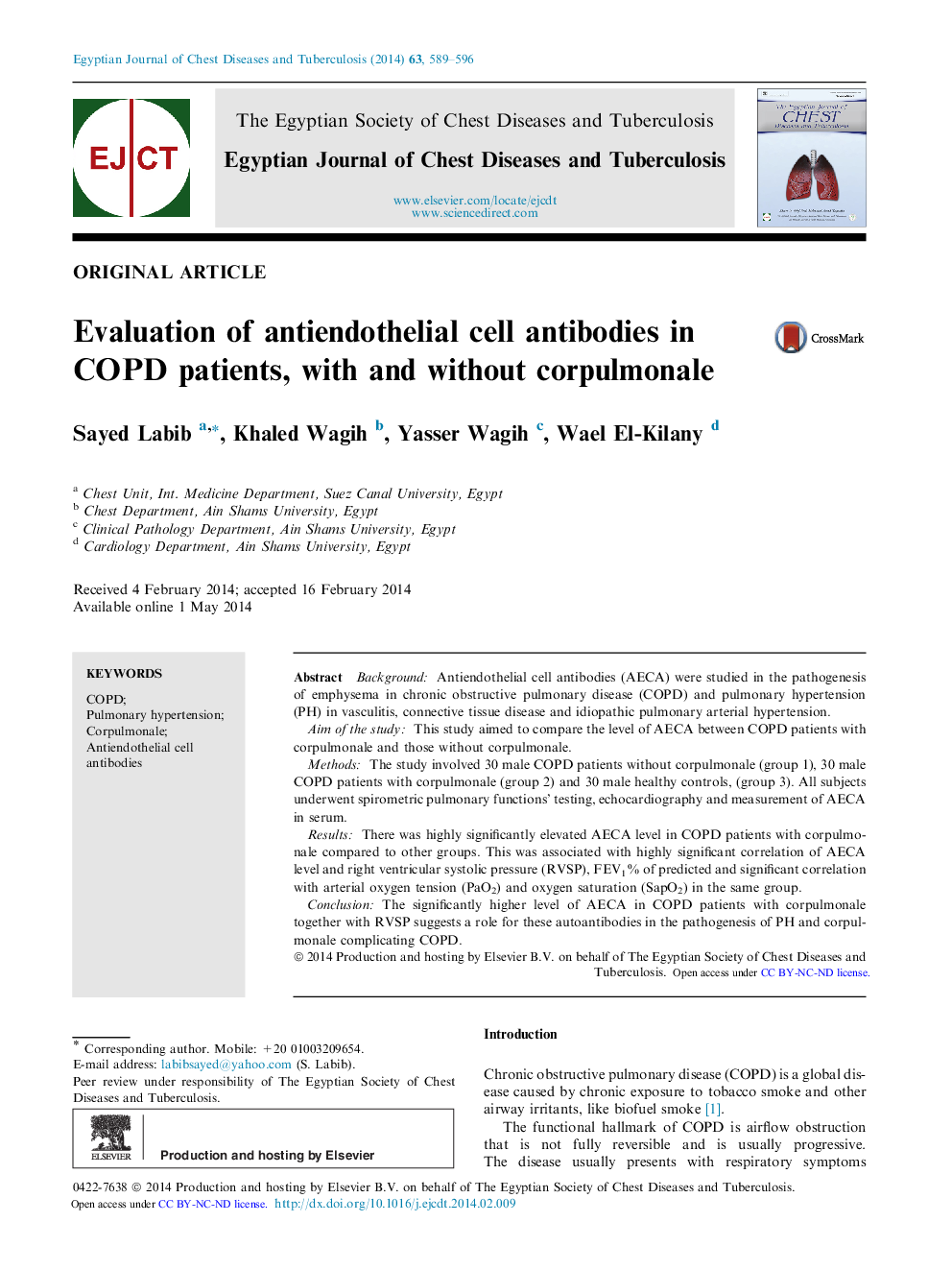 Evaluation of antiendothelial cell antibodies in COPD patients, with and without corpulmonale 