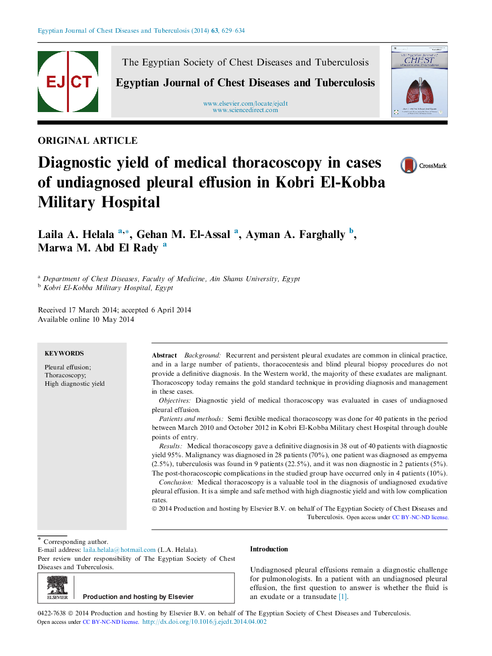 Diagnostic yield of medical thoracoscopy in cases of undiagnosed pleural effusion in Kobri El-Kobba Military Hospital 