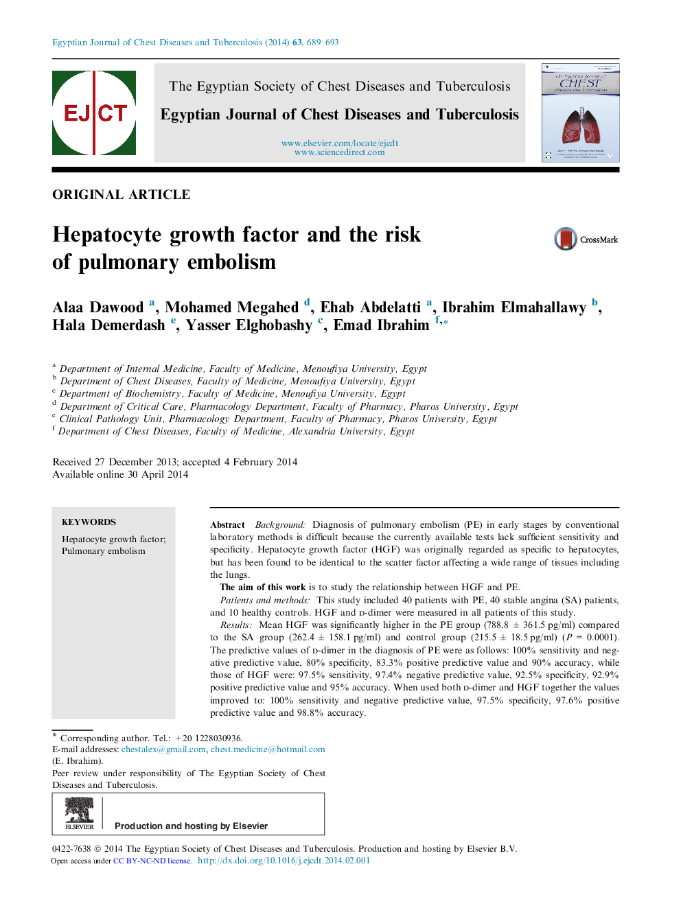 Hepatocyte growth factor and the risk of pulmonary embolism 