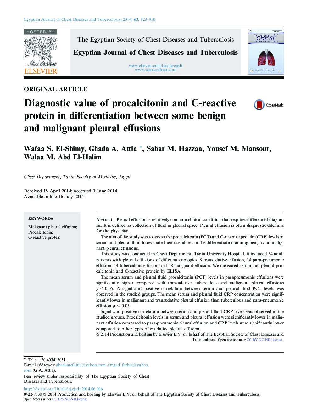 Diagnostic value of procalcitonin and C-reactive protein in differentiation between some benign and malignant pleural effusions 