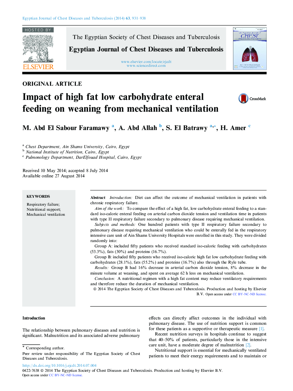 Impact of high fat low carbohydrate enteral feeding on weaning from mechanical ventilation 