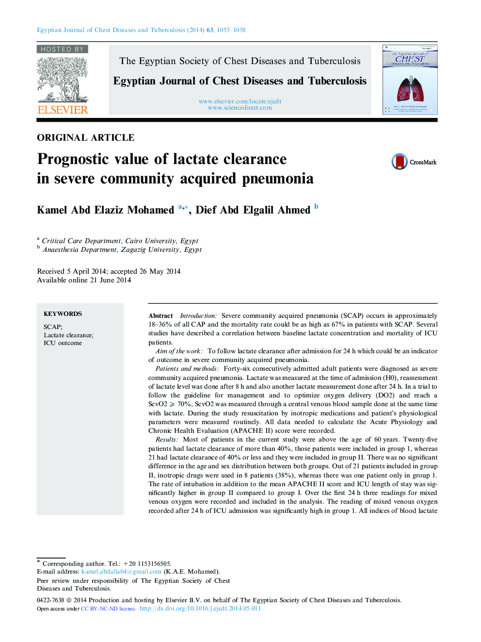 Prognostic value of lactate clearance in severe community acquired pneumonia 