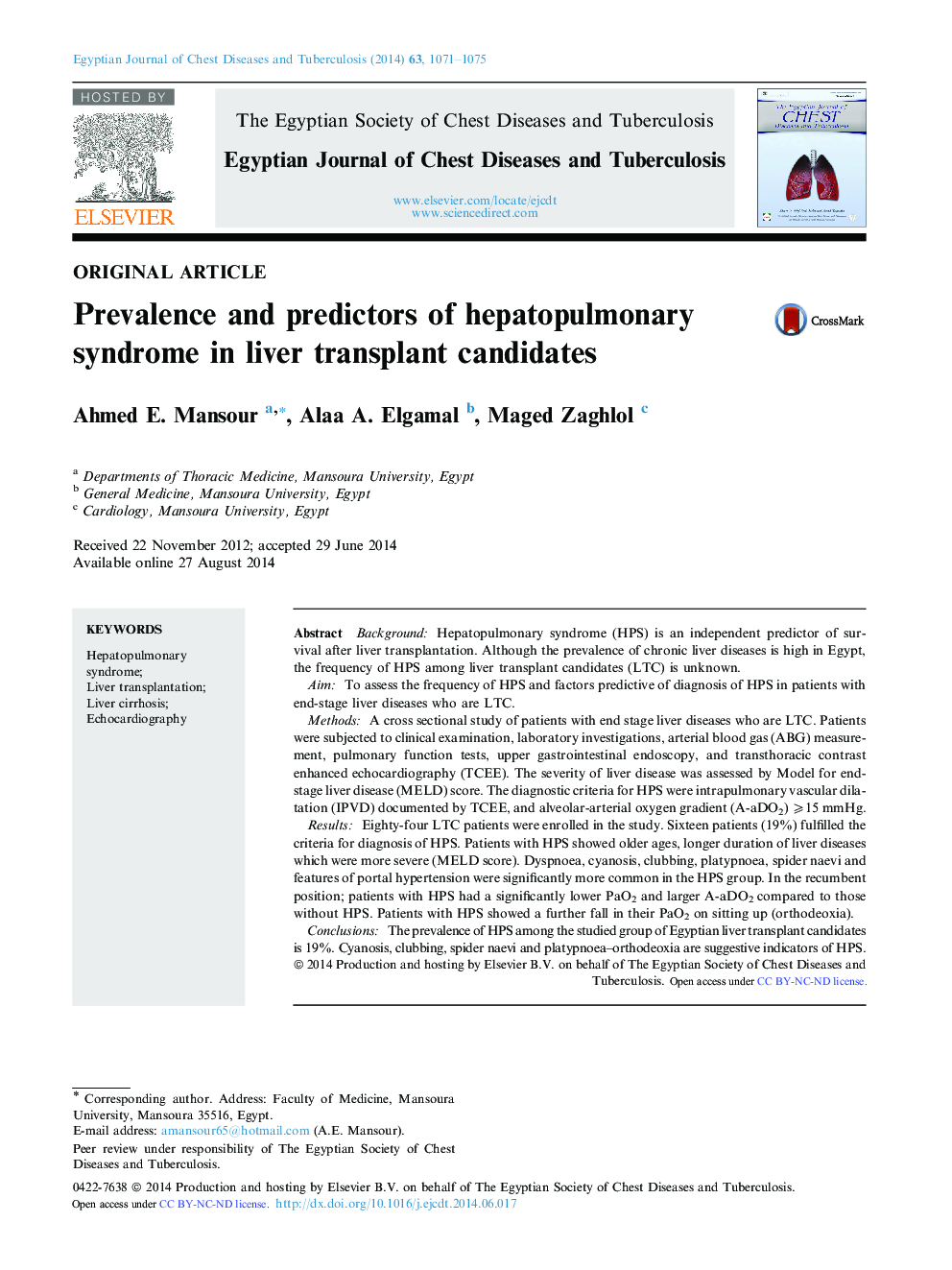 Prevalence and predictors of hepatopulmonary syndrome in liver transplant candidates 