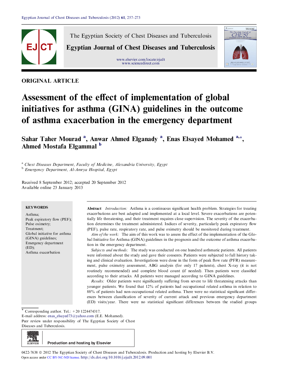 Assessment of the effect of implementation of global initiatives for asthma (GINA) guidelines in the outcome of asthma exacerbation in the emergency department 