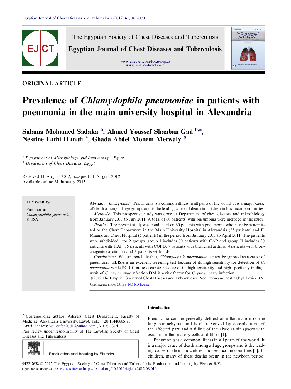 Prevalence of Chlamydophila pneumoniae in patients with pneumonia in the main university hospital in Alexandria 