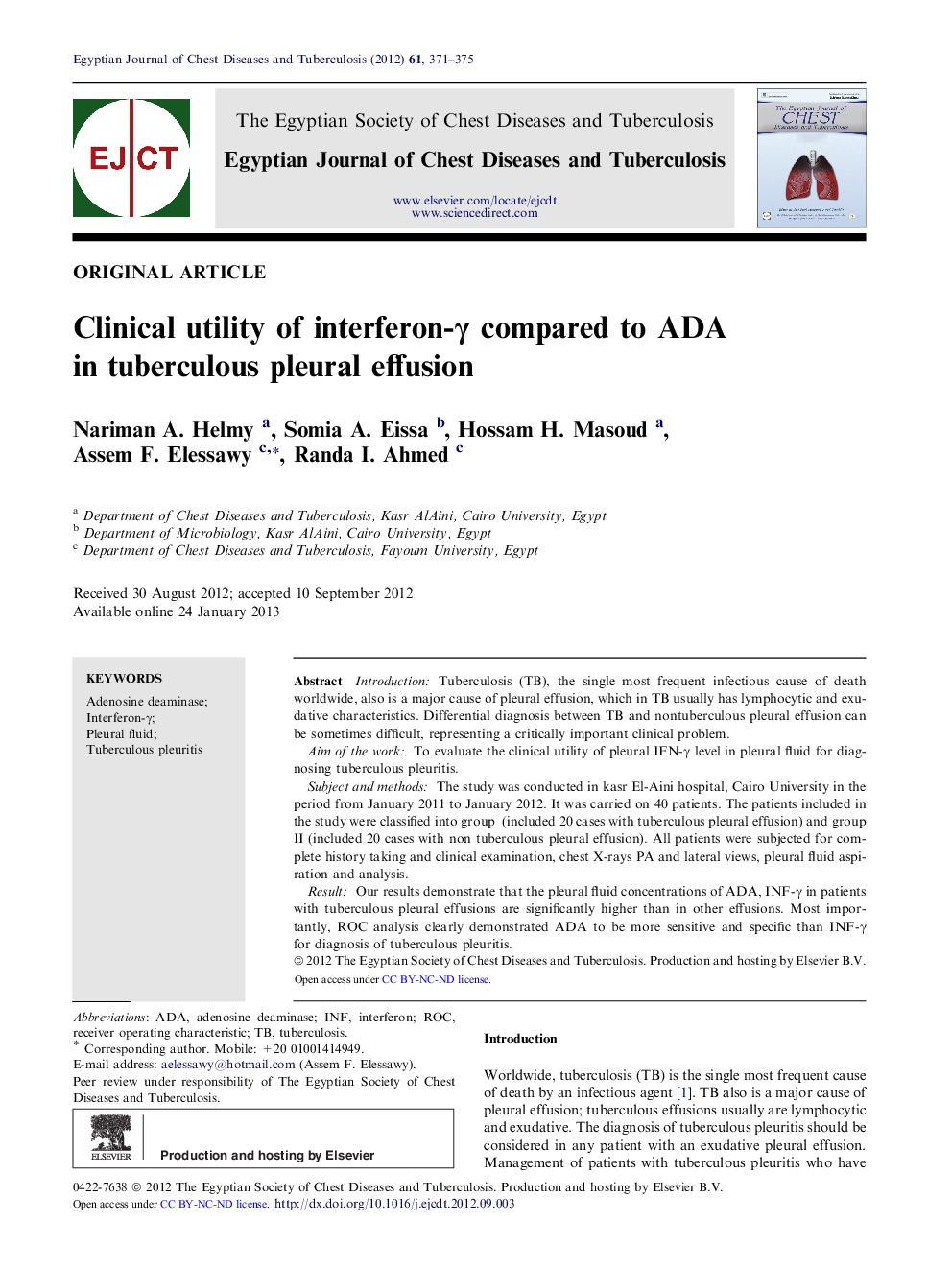 Clinical utility of interferon-γ compared to ADA in tuberculous pleural effusion 