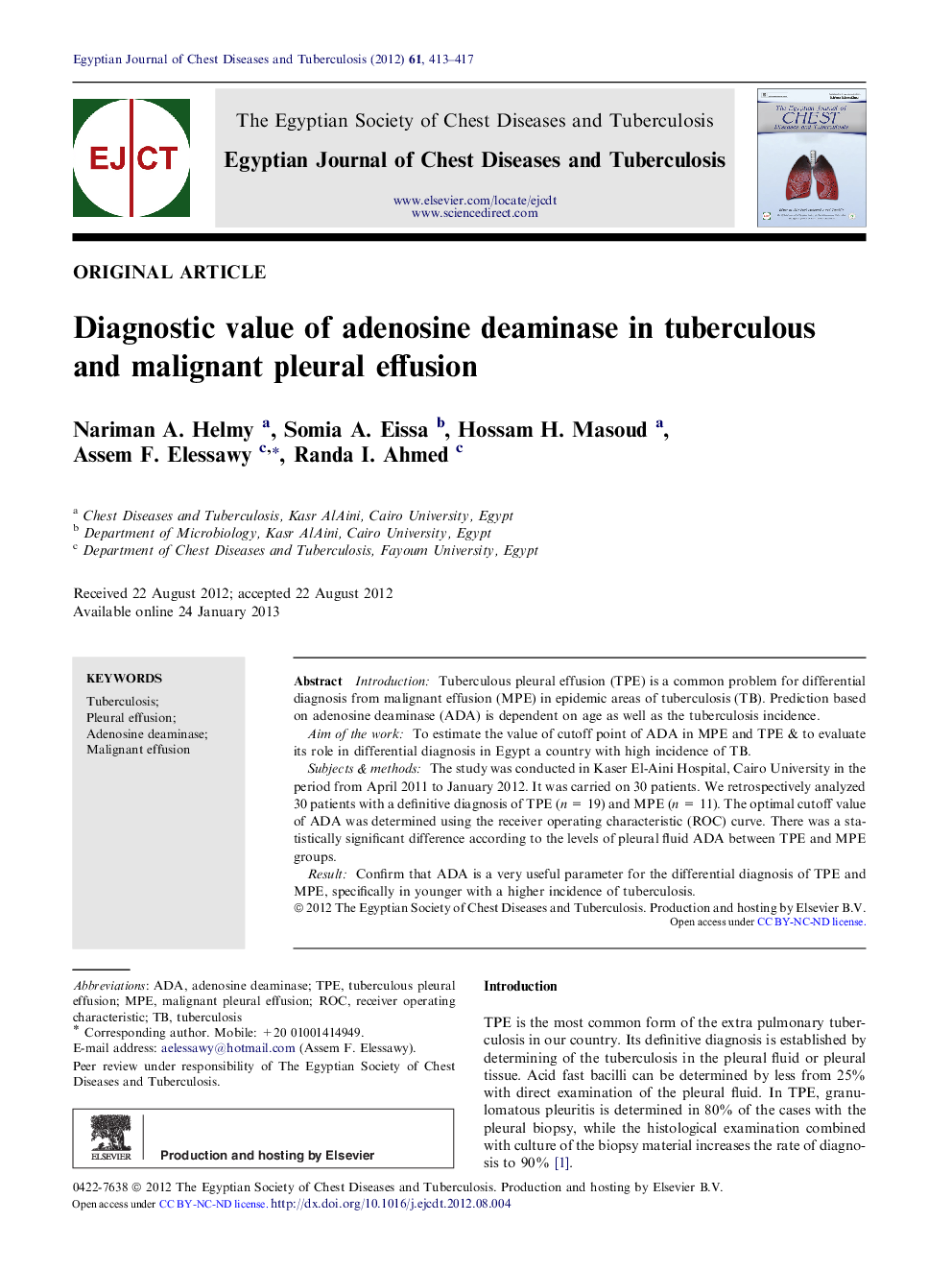 Diagnostic value of adenosine deaminase in tuberculous and malignant pleural effusion 