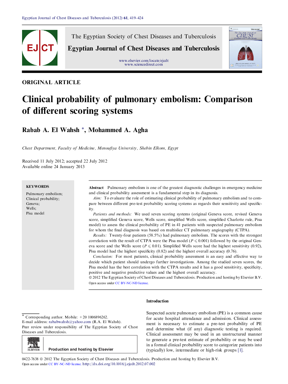 Clinical probability of pulmonary embolism: Comparison of different scoring systems 