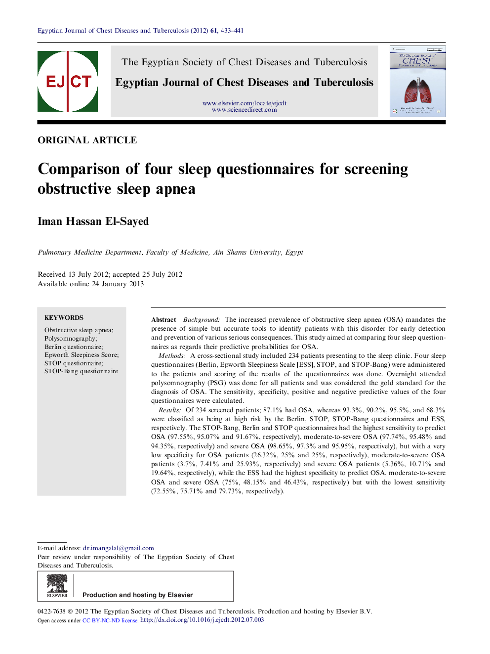 Comparison of four sleep questionnaires for screening obstructive sleep apnea 