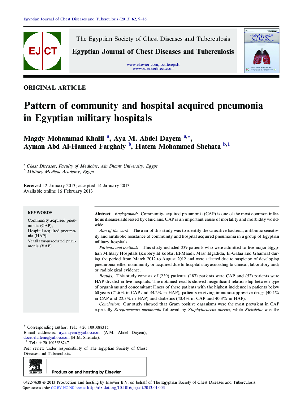 Pattern of community and hospital acquired pneumonia in Egyptian military hospitals 