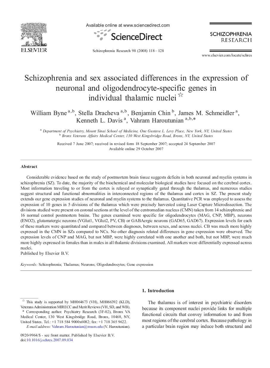 Schizophrenia and sex associated differences in the expression of neuronal and oligodendrocyte-specific genes in individual thalamic nuclei 