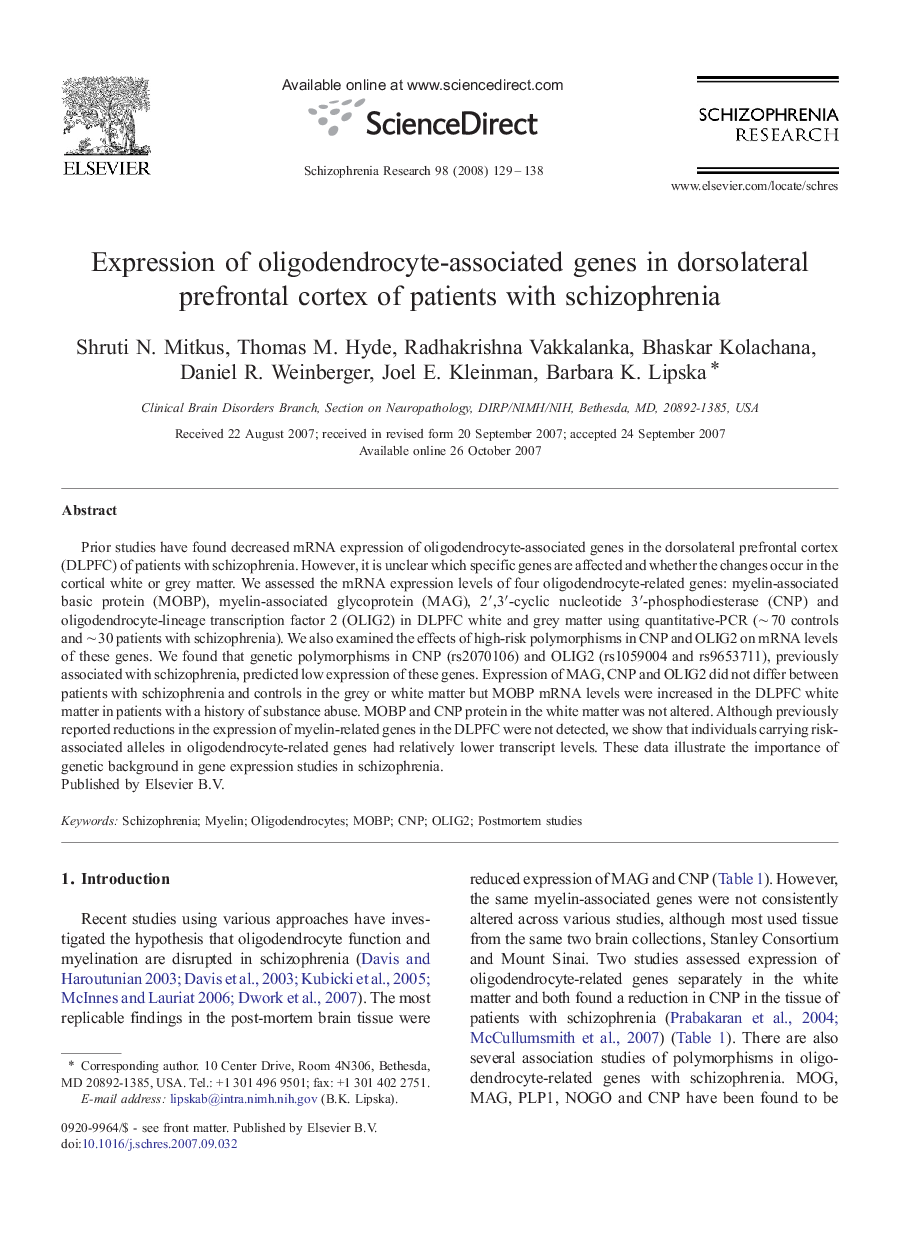 Expression of oligodendrocyte-associated genes in dorsolateral prefrontal cortex of patients with schizophrenia