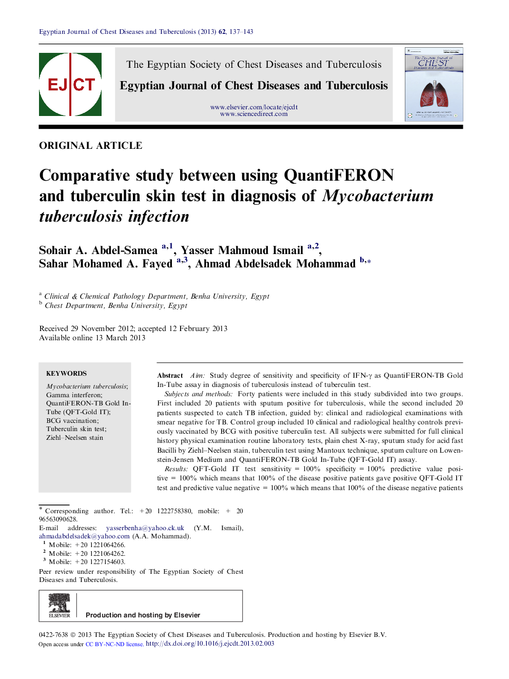 Comparative study between using QuantiFERON and tuberculin skin test in diagnosis of Mycobacterium tuberculosis infection 