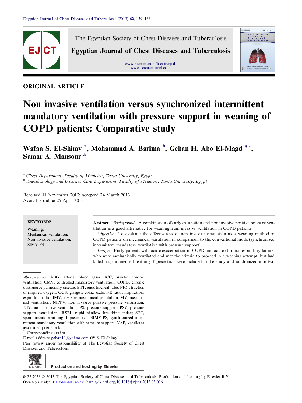 Non invasive ventilation versus synchronized intermittent mandatory ventilation with pressure support in weaning of COPD patients: Comparative study 