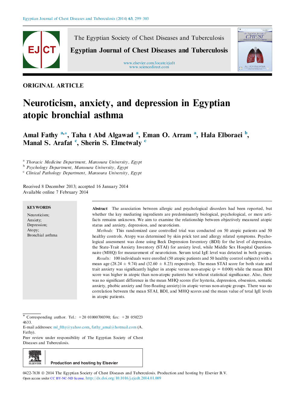 Neuroticism, anxiety, and depression in Egyptian atopic bronchial asthma 