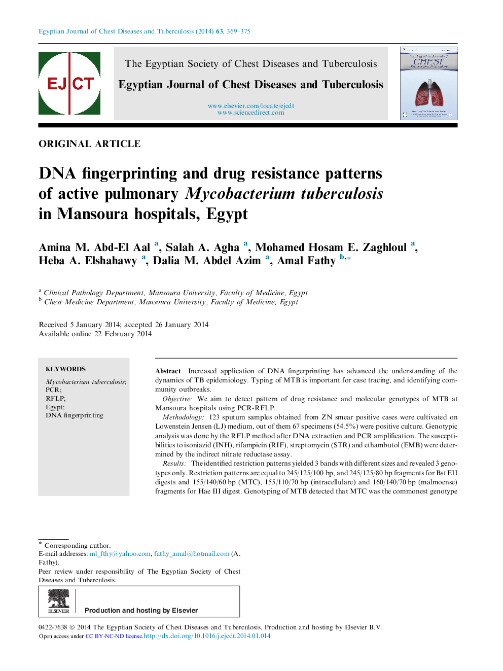 DNA fingerprinting and drug resistance patterns of active pulmonary Mycobacterium tuberculosis in Mansoura hospitals, Egypt 