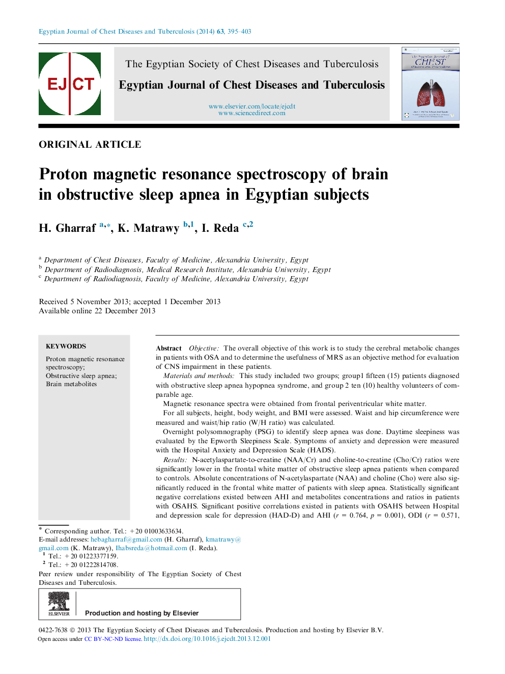 Proton magnetic resonance spectroscopy of brain in obstructive sleep apnea in Egyptian subjects 