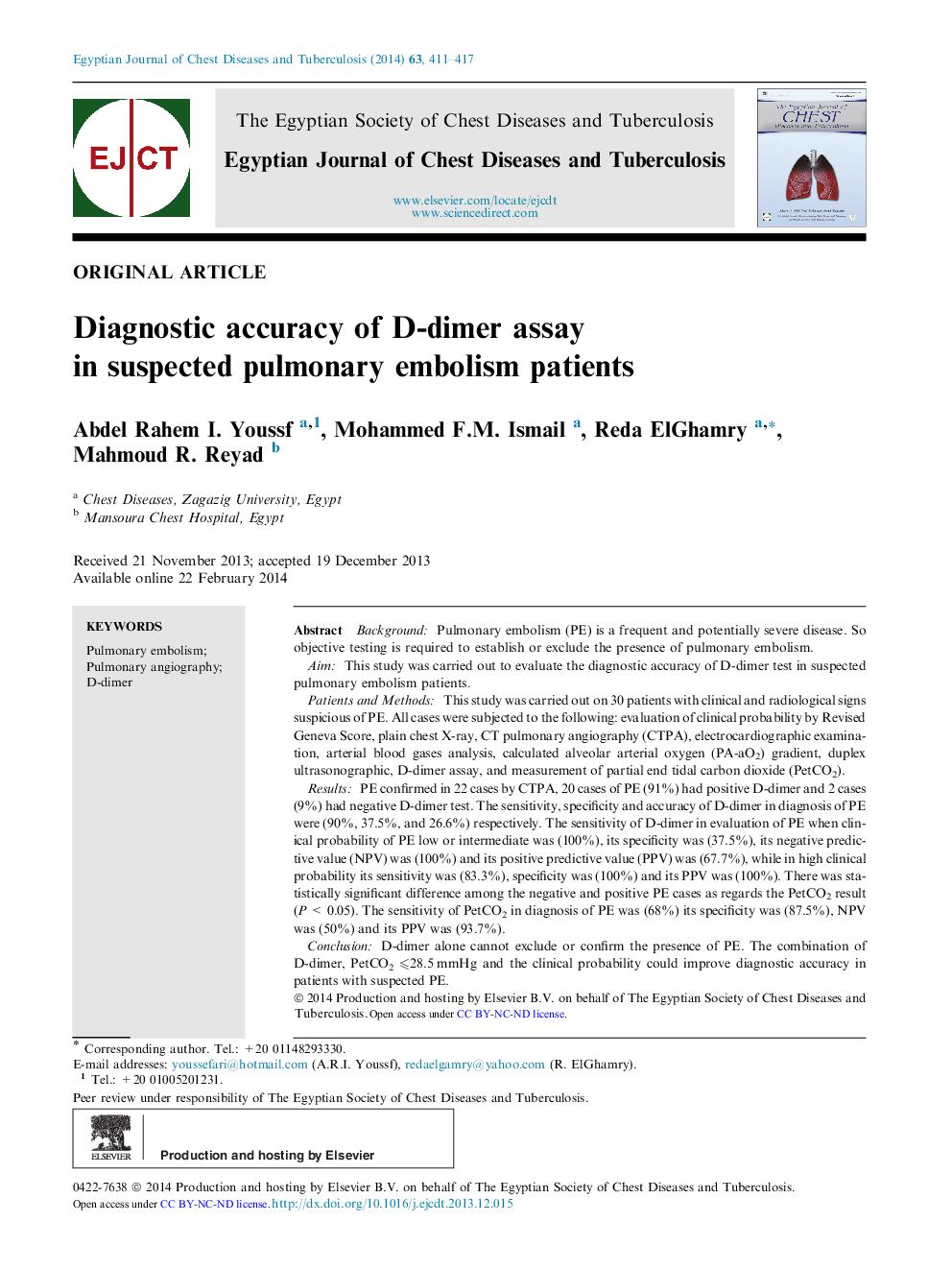 Diagnostic accuracy of D-dimer assay in suspected pulmonary embolism patients 