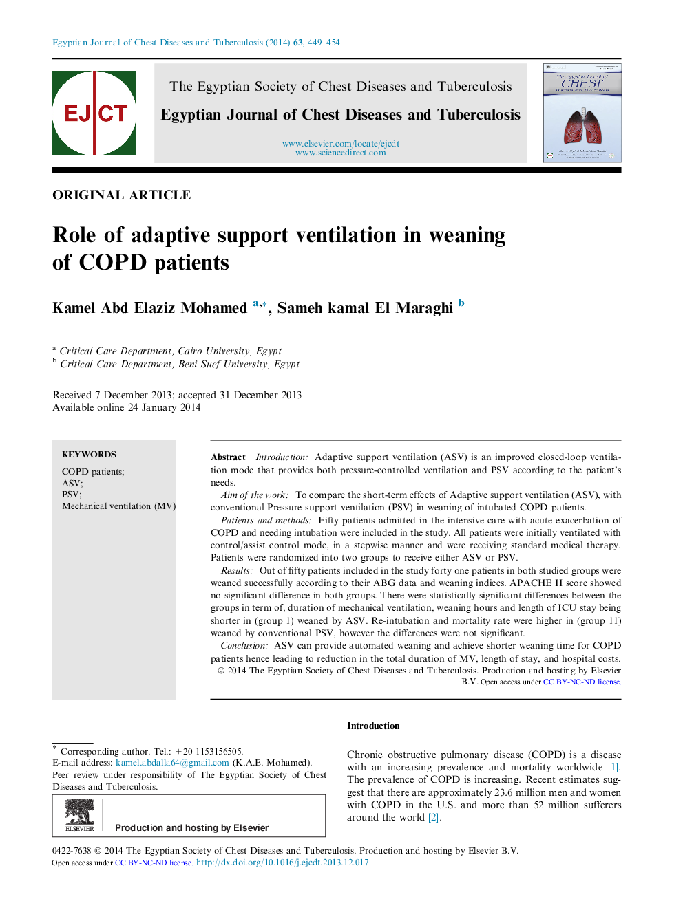 Role of Adaptive Support Ventilation in Weaning of COPD Patients 