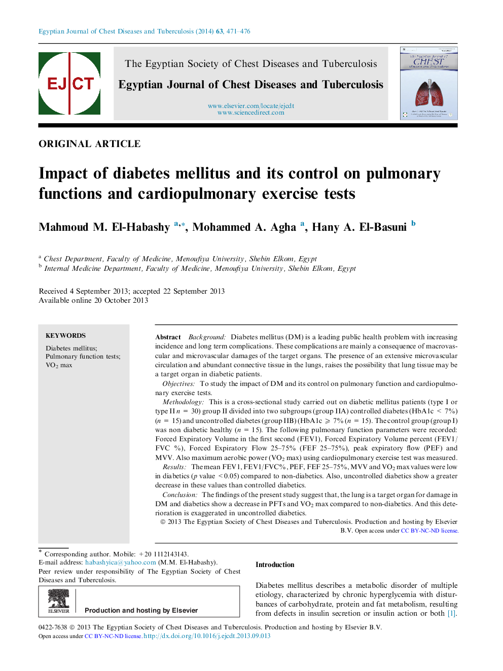 Impact of diabetes mellitus and its control on pulmonary functions and cardiopulmonary exercise tests 