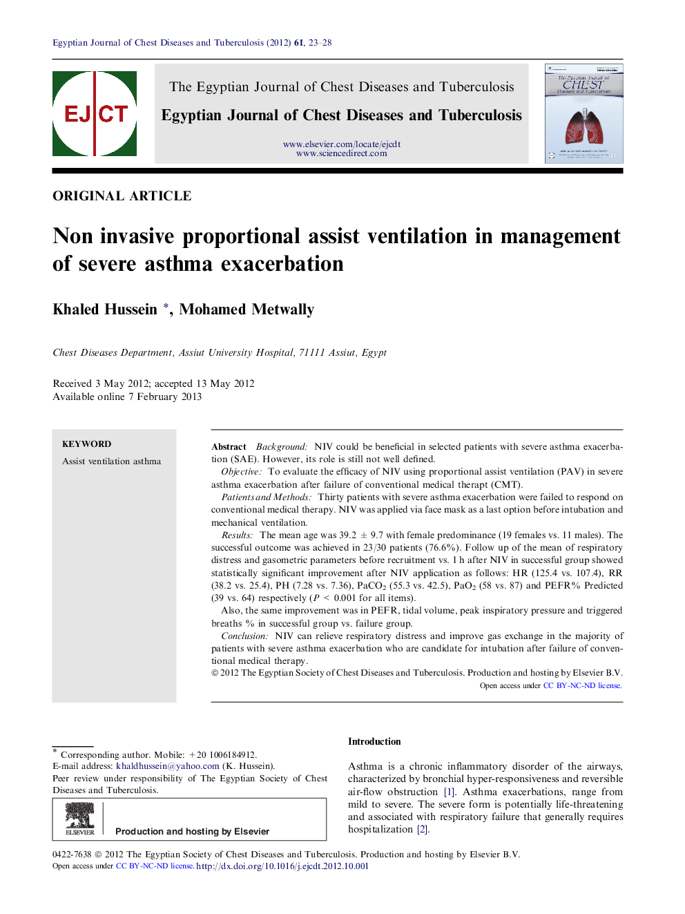 Non invasive proportional assist ventilation in management of severe asthma exacerbation 