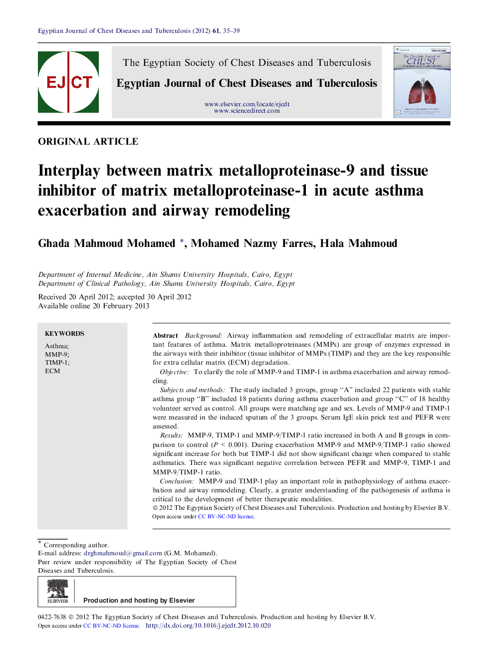 Interplay between matrix metalloproteinase-9 and tissue inhibitor of matrix metalloproteinase-1 in acute asthma exacerbation and airway remodeling 