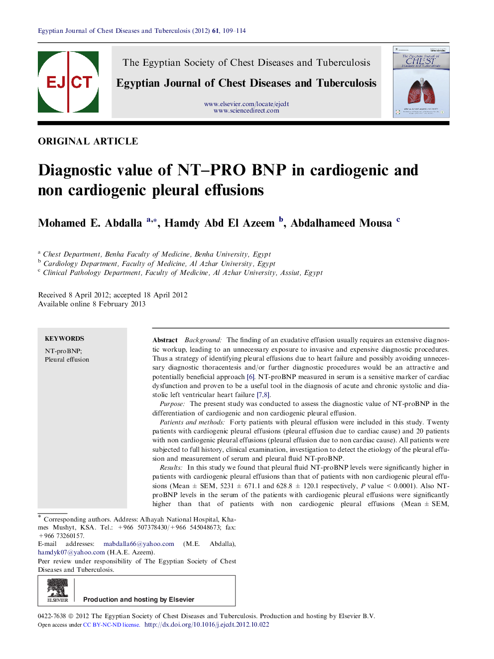 Diagnostic value of NT–PRO BNP in cardiogenic and non cardiogenic pleural effusions 