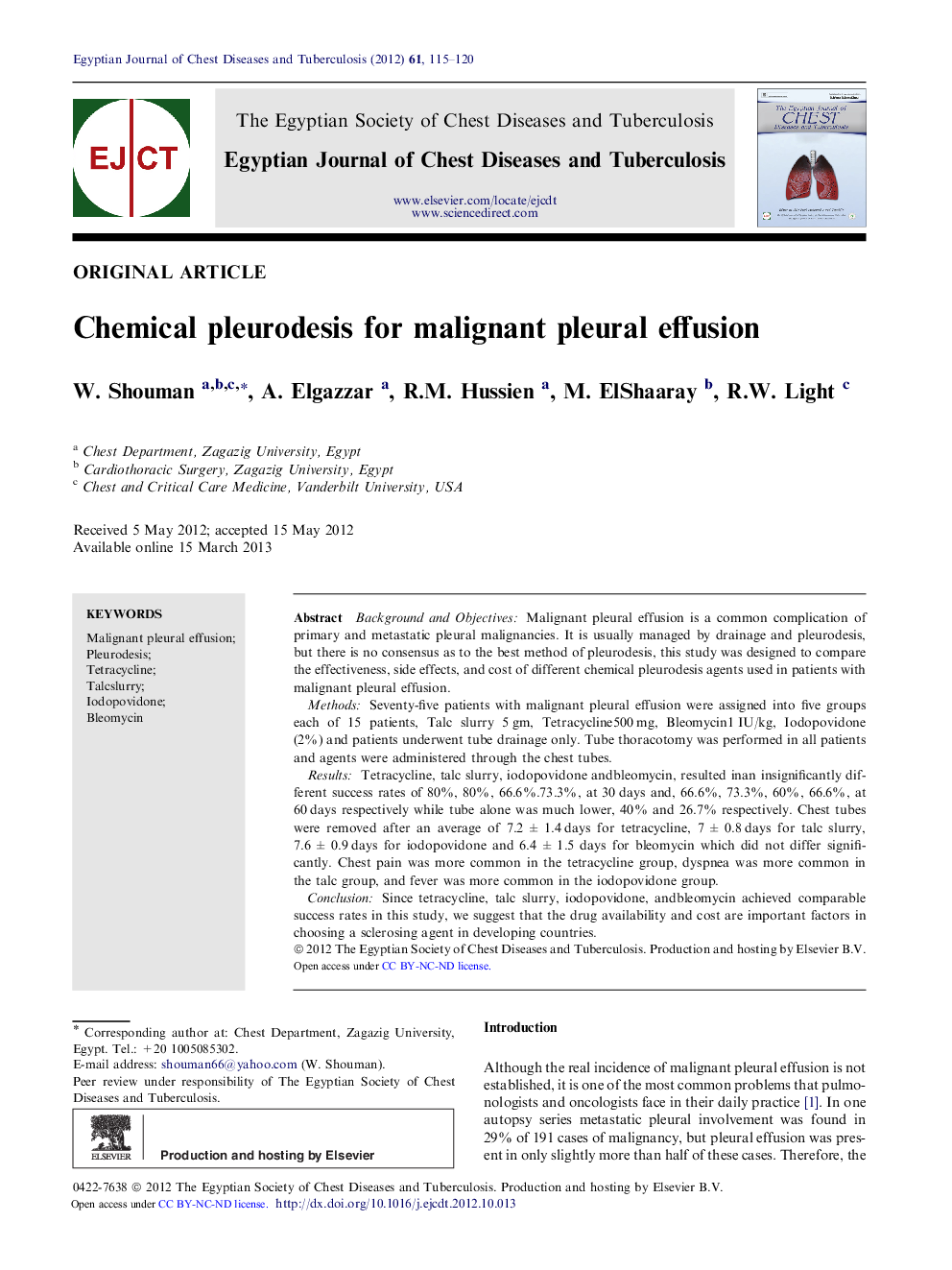 Chemical pleurodesis for malignant pleural effusion 