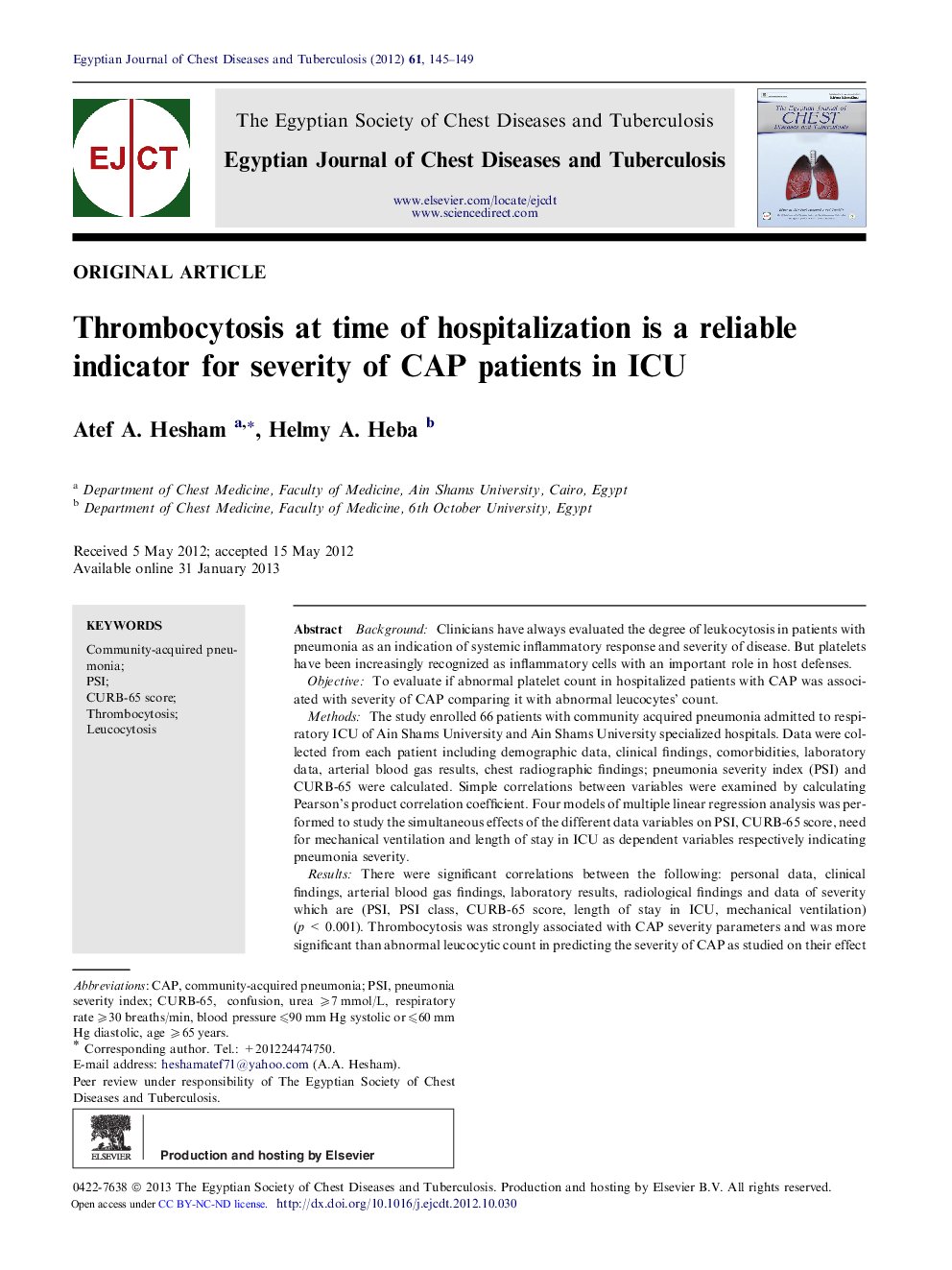 Thrombocytosis at time of hospitalization is a reliable indicator for severity of CAP patients in ICU 