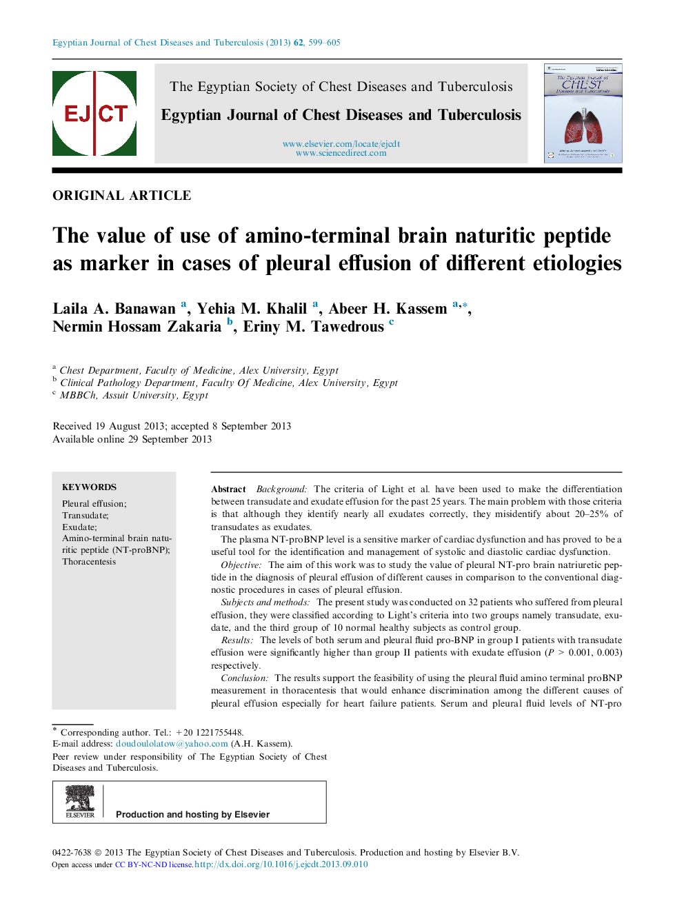 The value of use of amino-terminal brain naturitic peptide as marker in cases of pleural effusion of different etiologies 