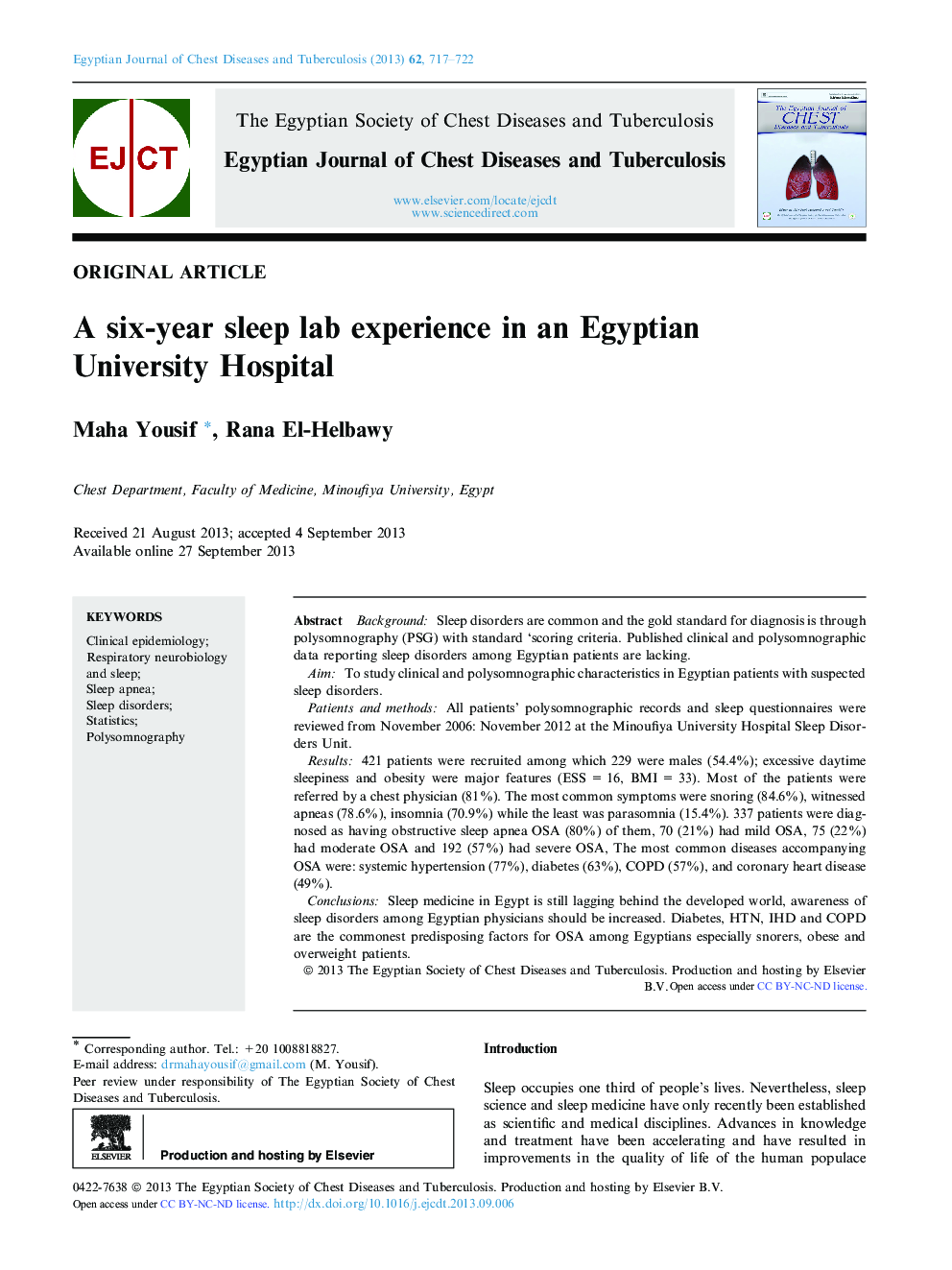 A six-year sleep lab experience in an Egyptian University Hospital 