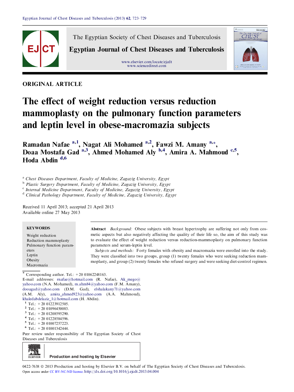 The effect of weight reduction versus reduction mammoplasty on the pulmonary function parameters and leptin level in obese-macromazia subjects 