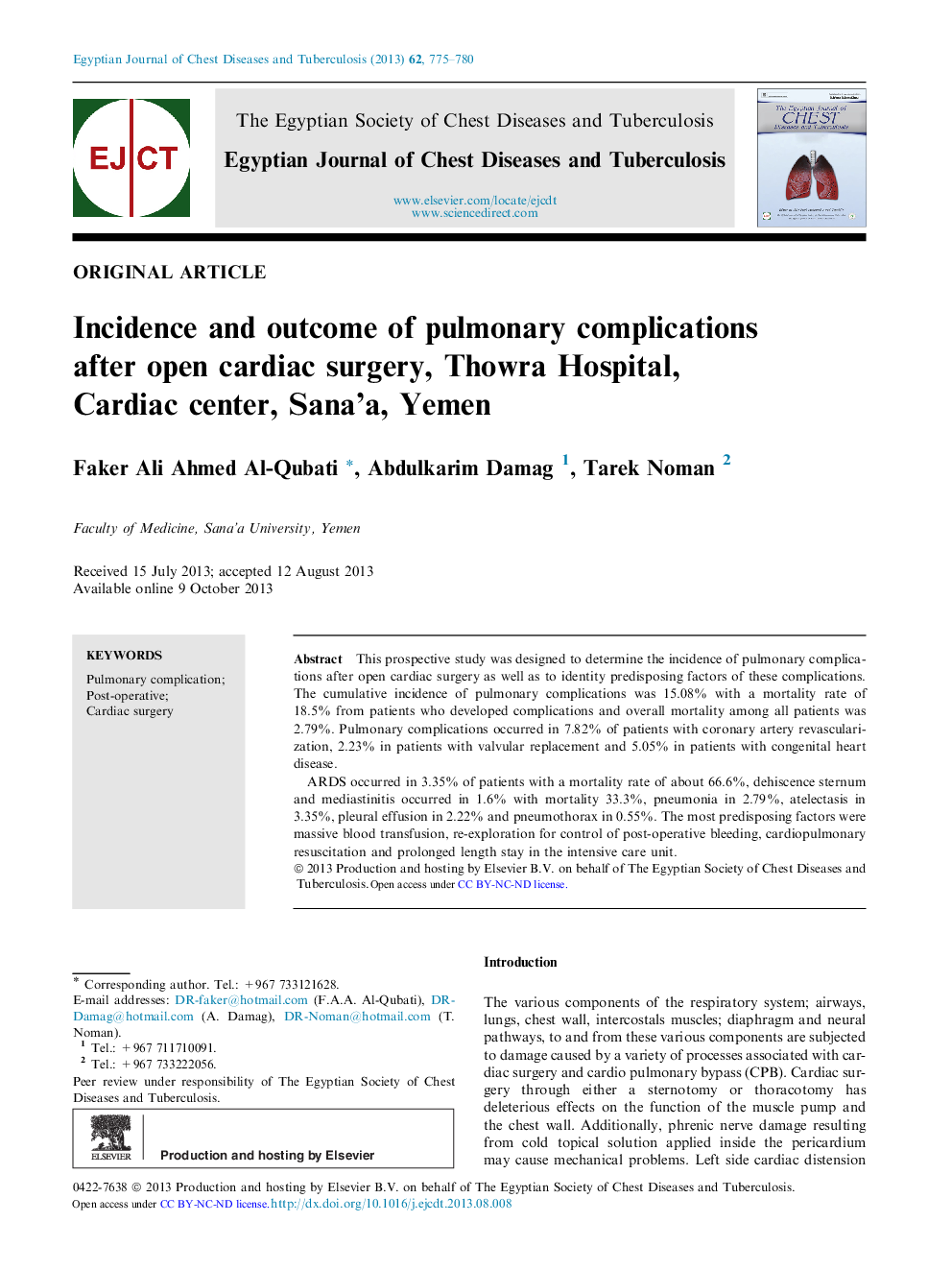 Incidence and outcome of pulmonary complications after open cardiac surgery, Thowra Hospital, Cardiac center, Sana’a, Yemen 