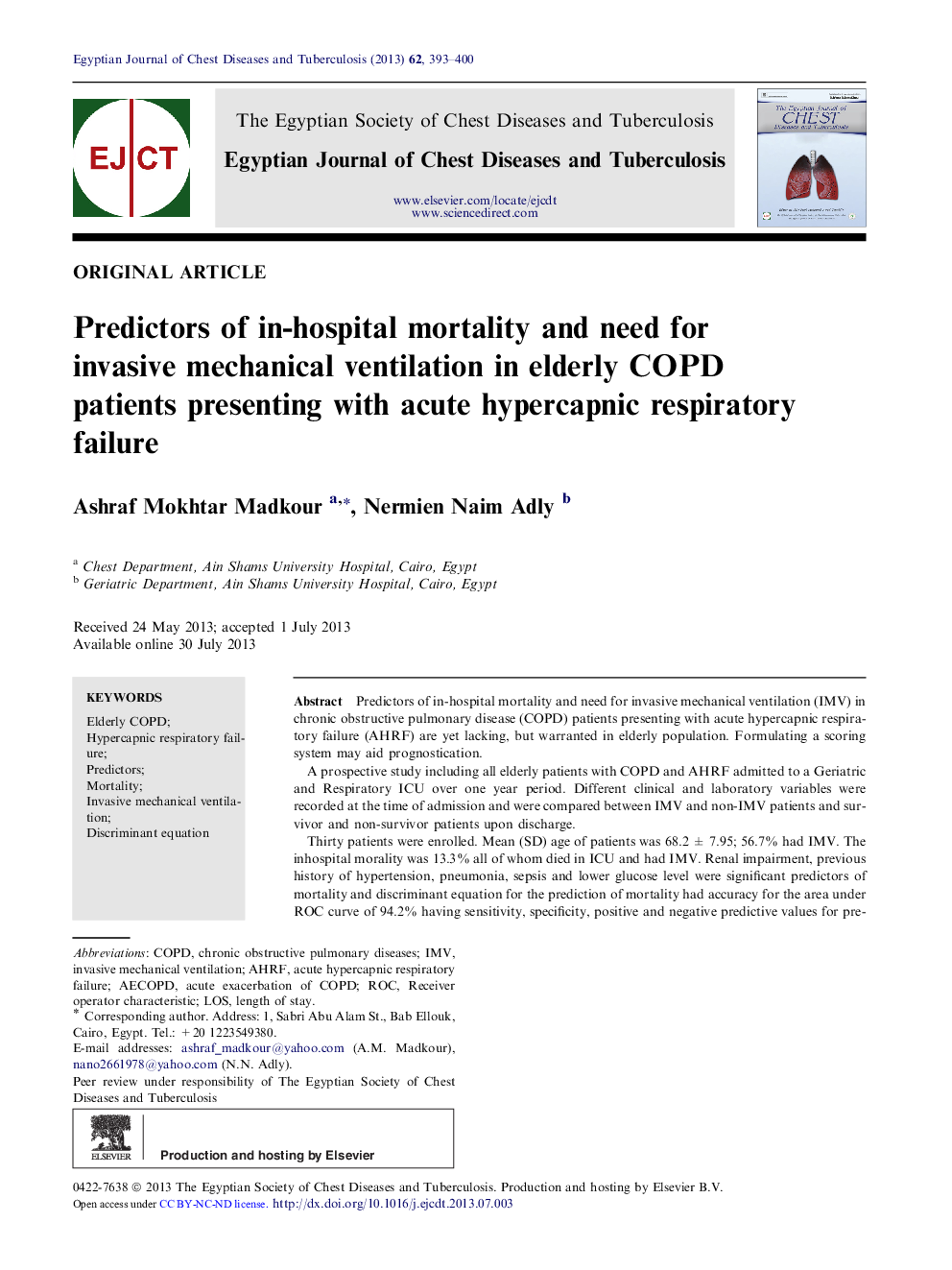 Predictors of in-hospital mortality and need for invasive mechanical ventilation in elderly COPD patients presenting with acute hypercapnic respiratory failure 