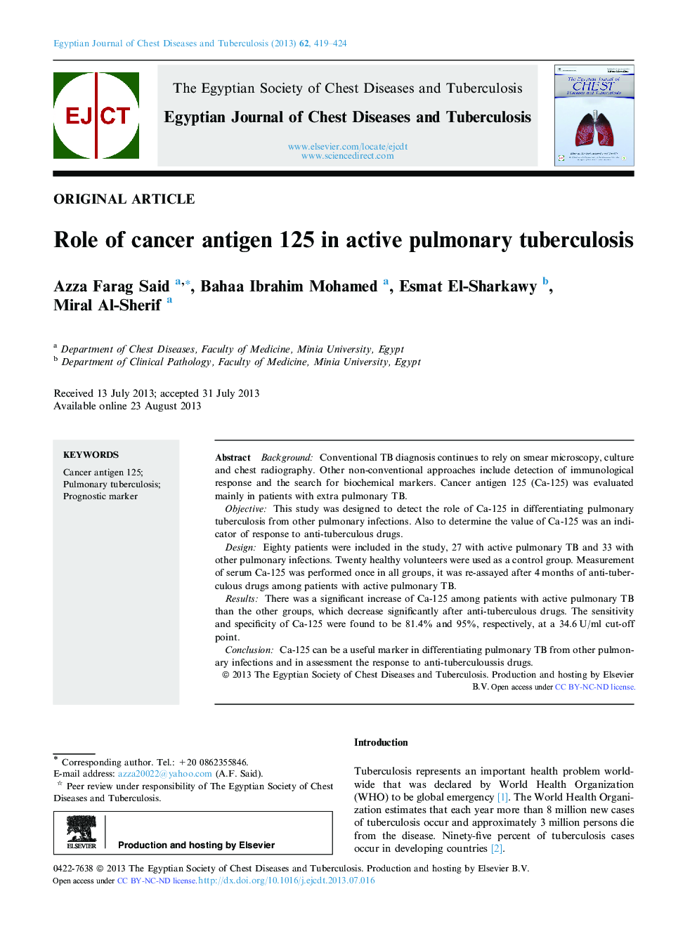 Role of cancer antigen 125 in active pulmonary tuberculosis 