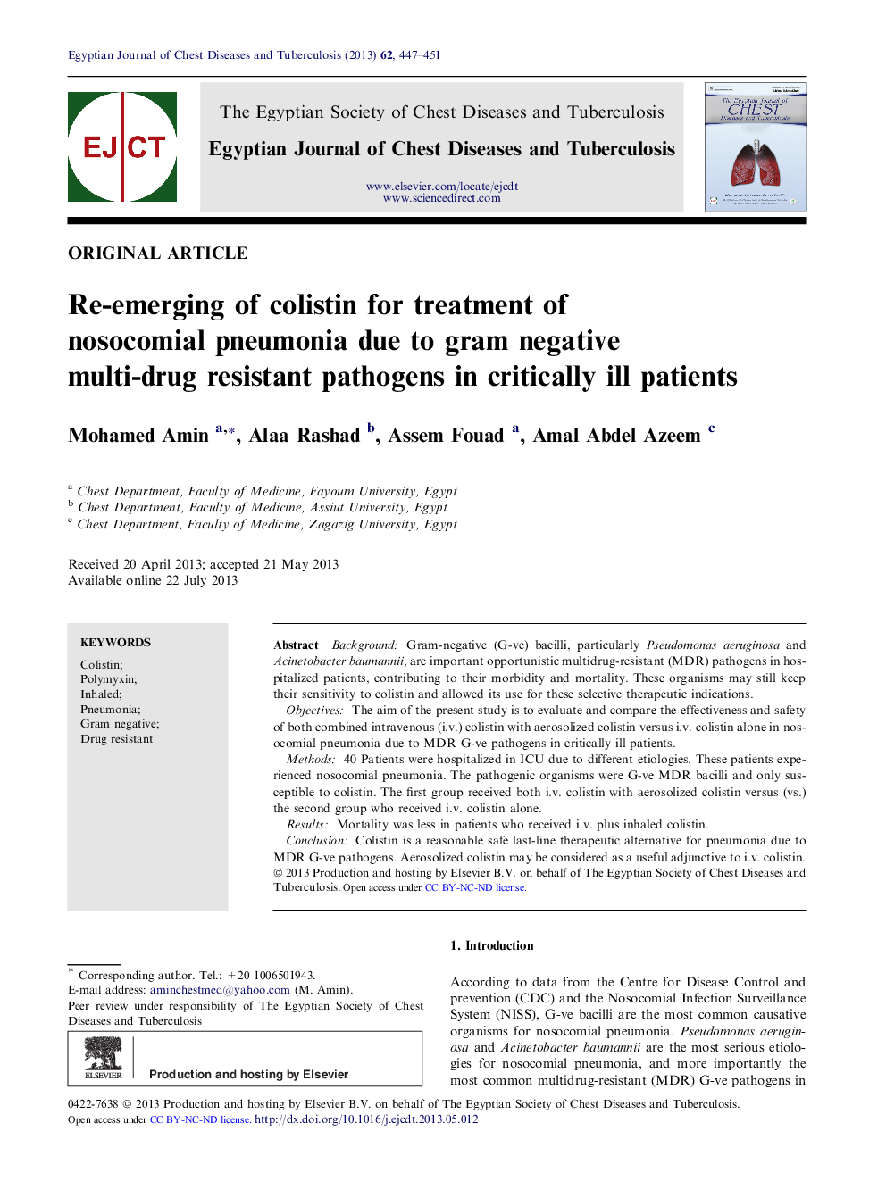 Re-emerging of colistin for treatment of nosocomial pneumonia due to gram negative multi-drug resistant pathogens in critically ill patients 