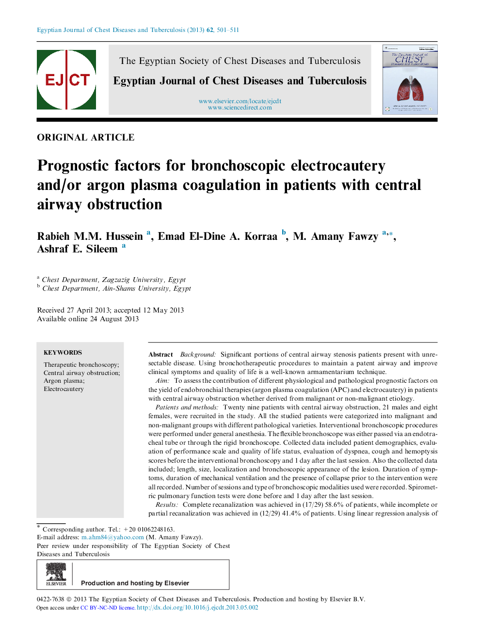 Prognostic factors for bronchoscopic electrocautery and/or argon plasma coagulation in patients with central airway obstruction 