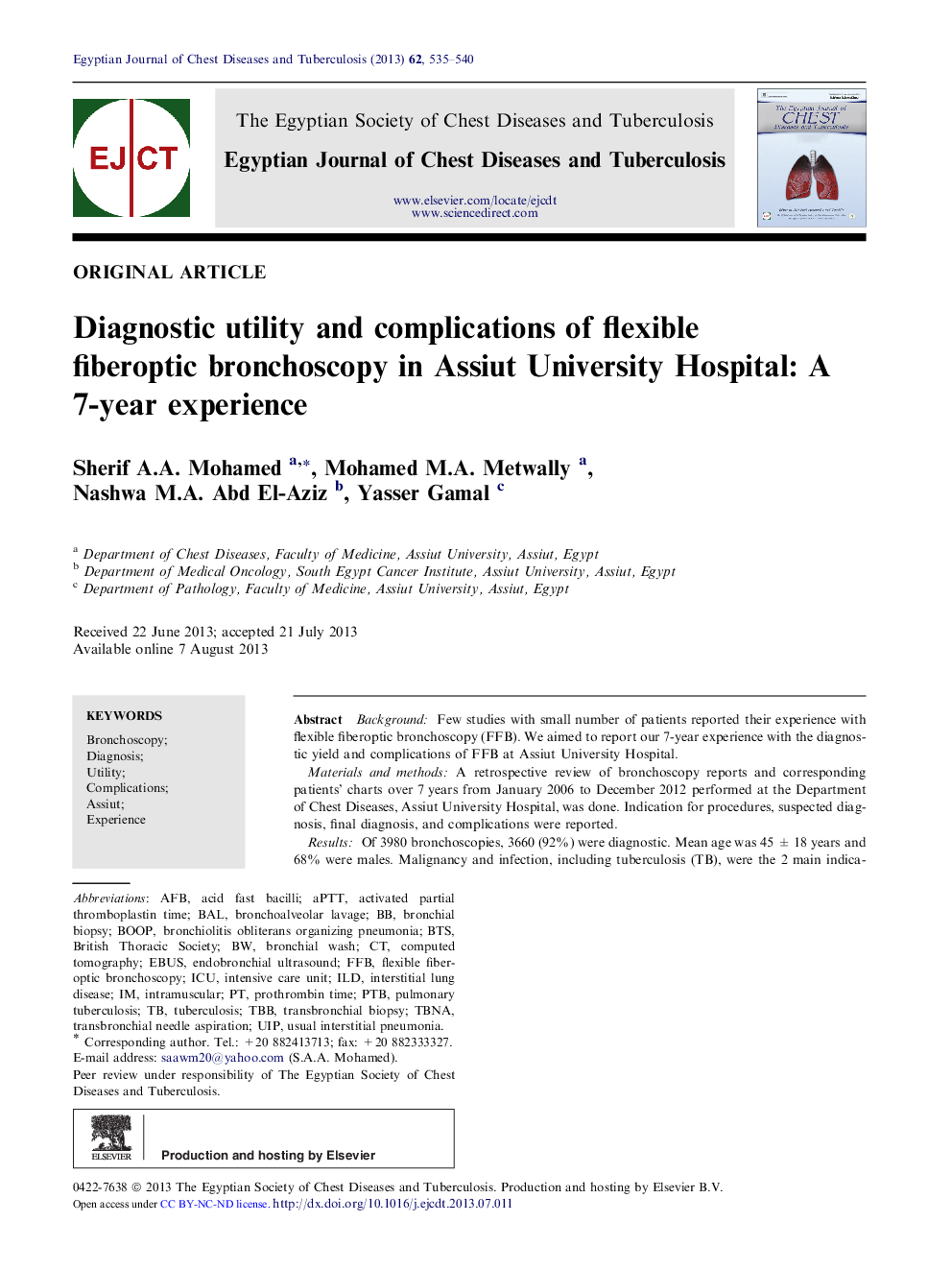 Diagnostic utility and complications of flexible fiberoptic bronchoscopy in Assiut University Hospital: A 7-year experience 